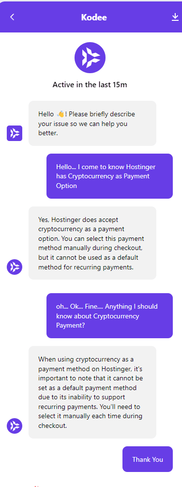 Chat with Kodee Hostinger AI Assistant regarding Cryptocurrency Payment