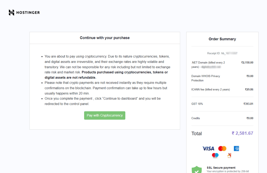 Hostinger Cryptocurrency payment Warning