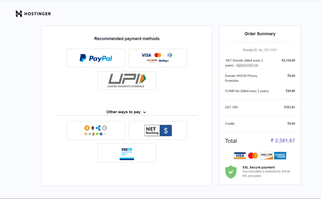 Hostinger India Payment Methods with Cryptocurrency Option at the Checkout