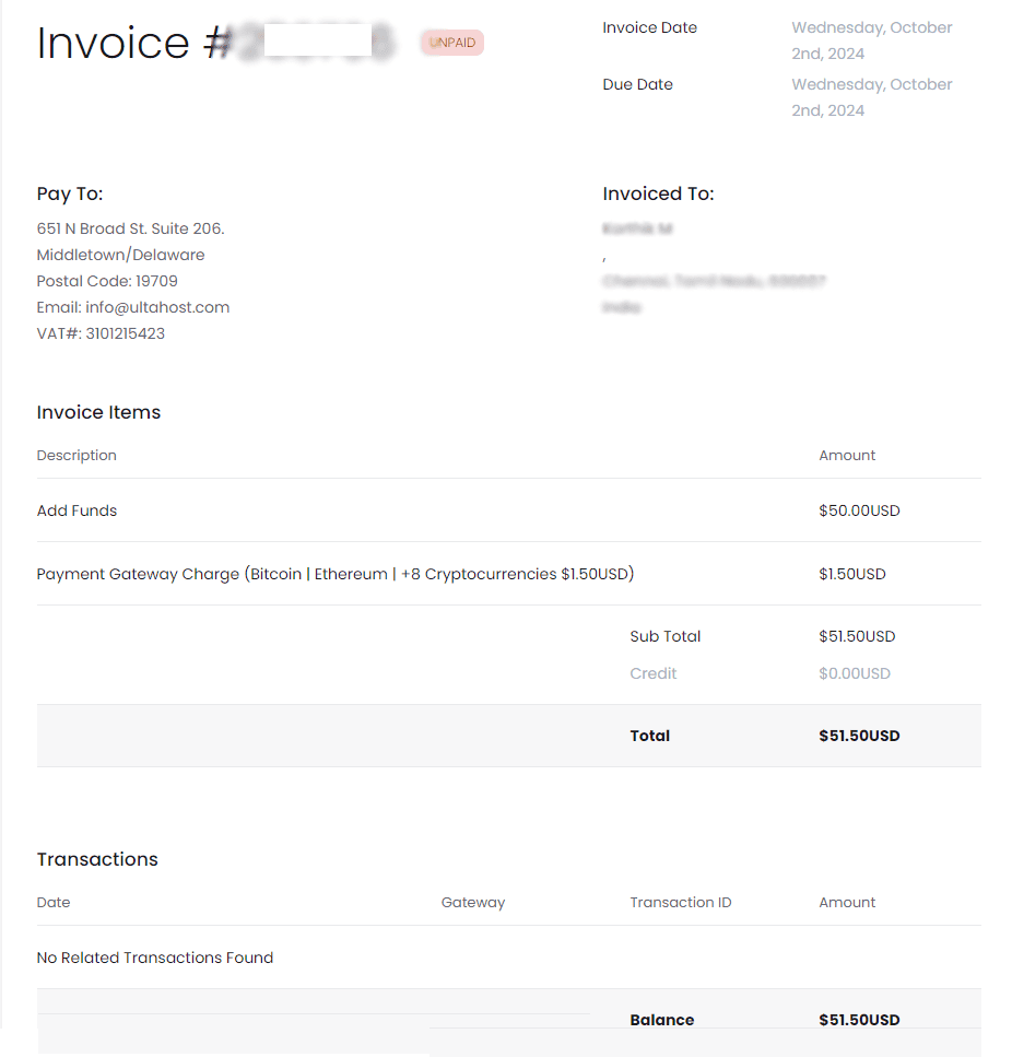 Invoice for Cryptocurrency Payment on UltaHost