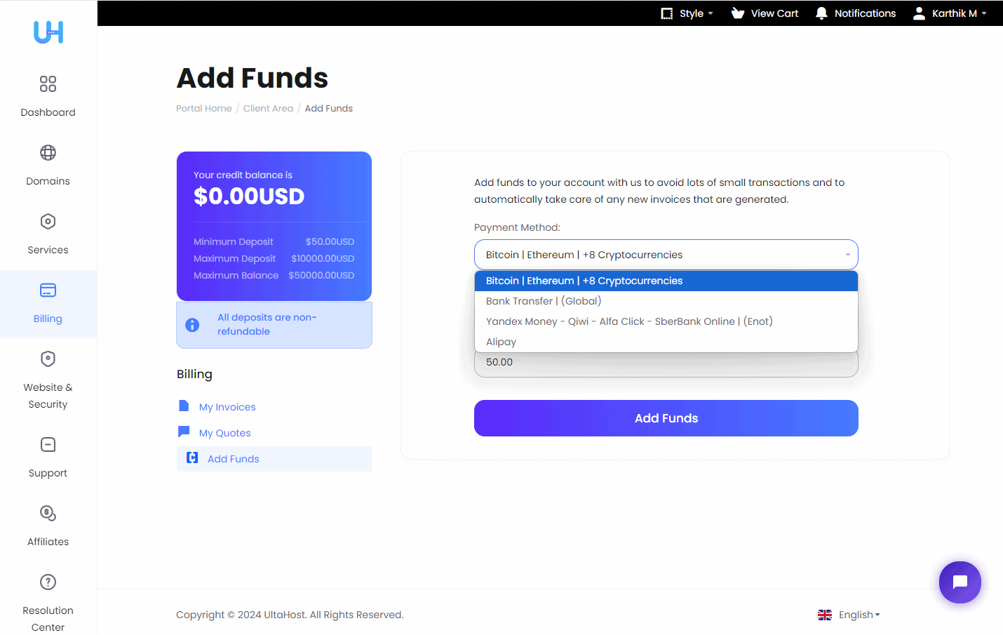 UltaHost Add Funds Payment Option
