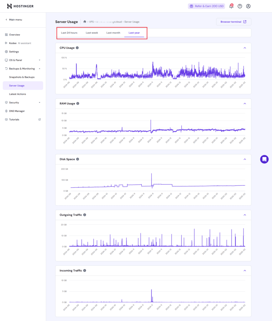 Hostinger VPS Server Usage Stats