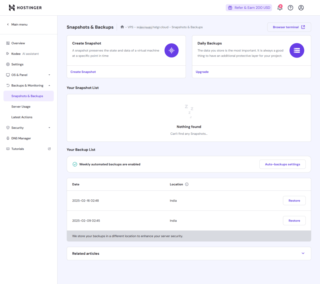 Hostinger VPS Snapshot & Backup