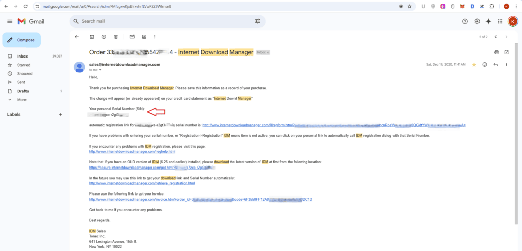 IDM Purchase eMail Serial Number Screenshot