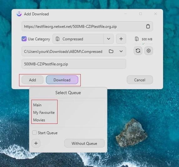 AB Download Manager Adding Files to be Downloaded on the Queue from the Downloads Popup