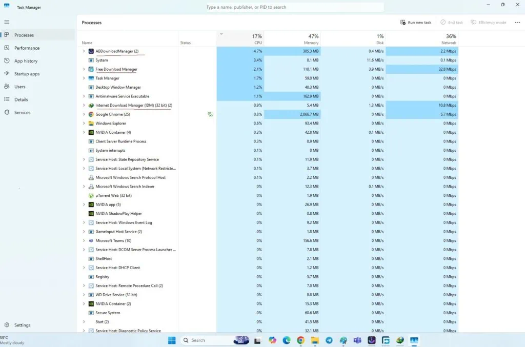 CPU & RAM Usage for IDM, FDM & AB Download Manager