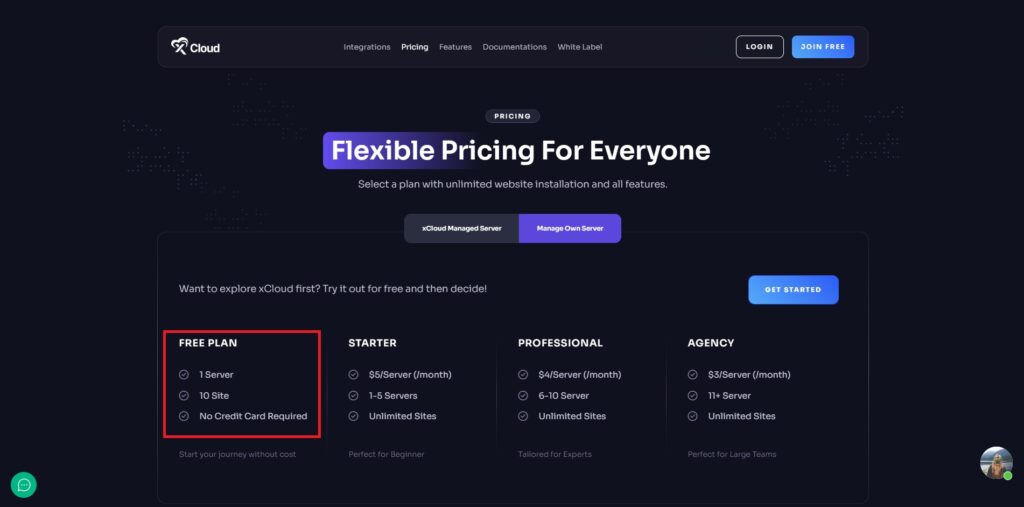 xCloud Pricing for Managing Own Servers