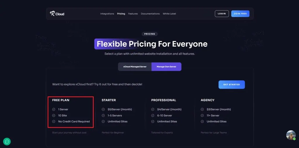 xCloud Pricing for Managing Own Servers