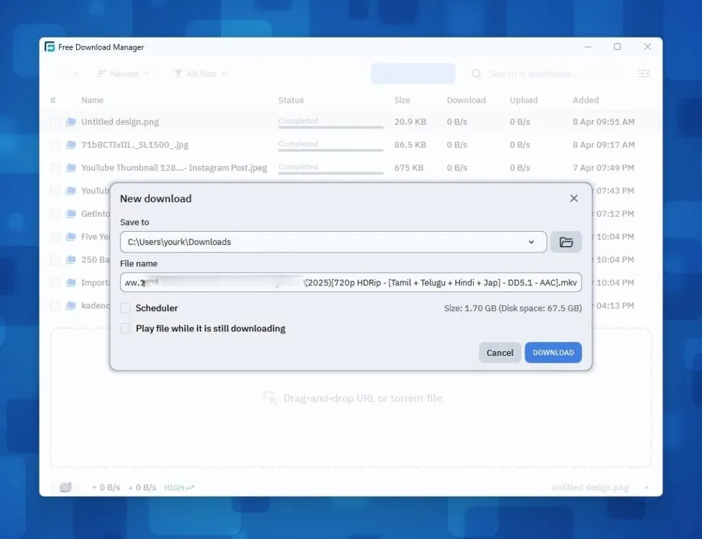 FDM capturing Torrent File Straight-forward (Unlimited File Size)
