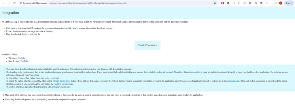 JDownloader Extension asking to install another Client