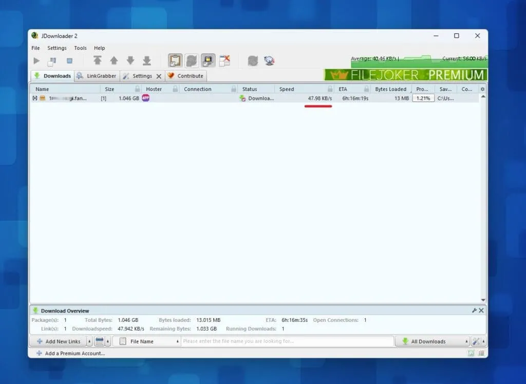 JDownloader Speed Test on Restricted Bandwidth Server