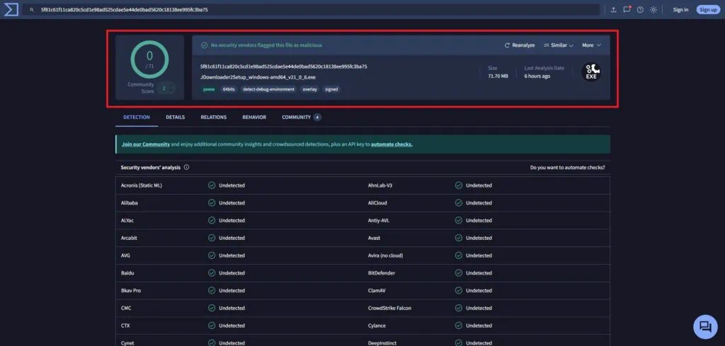 JDownloader VirusTotal Scan Checked Safe