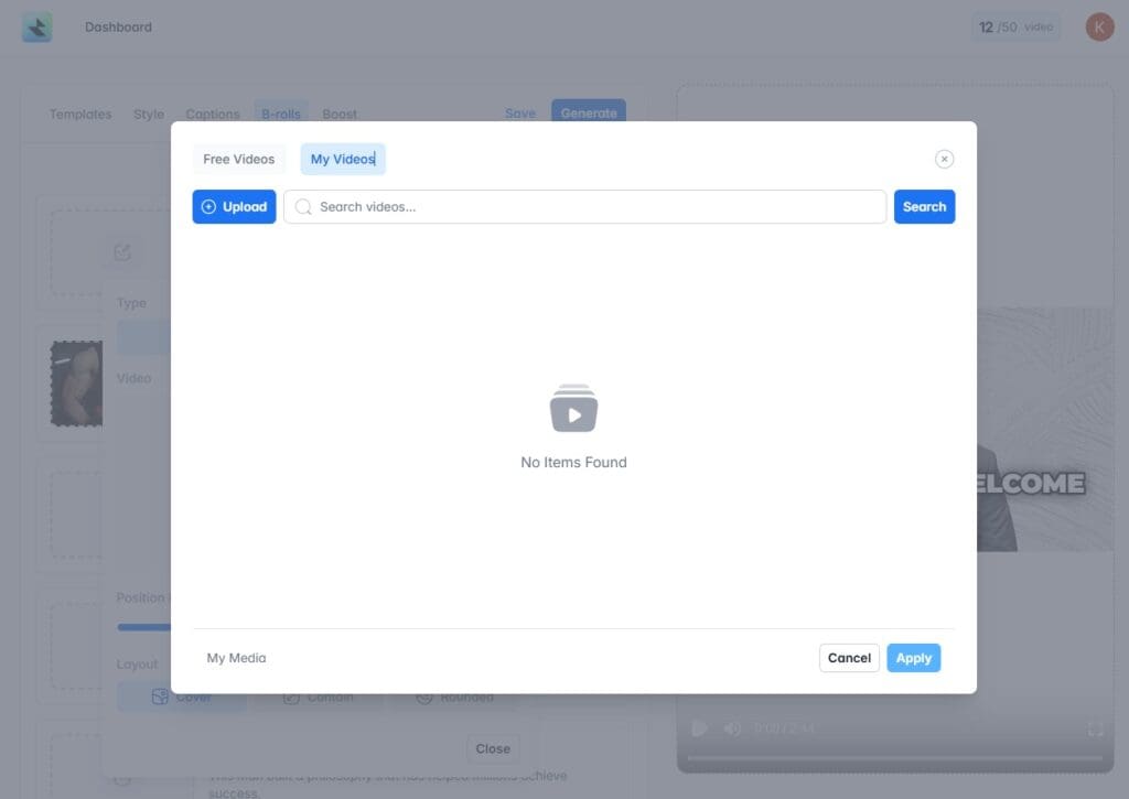 RenderCut IO - B-Roll Section Custom Video Upload