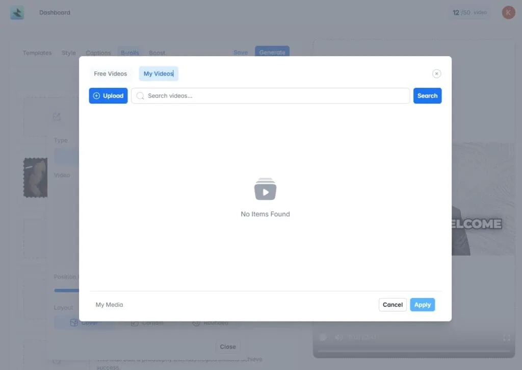 RenderCut IO - B-Roll Section Custom Video Upload