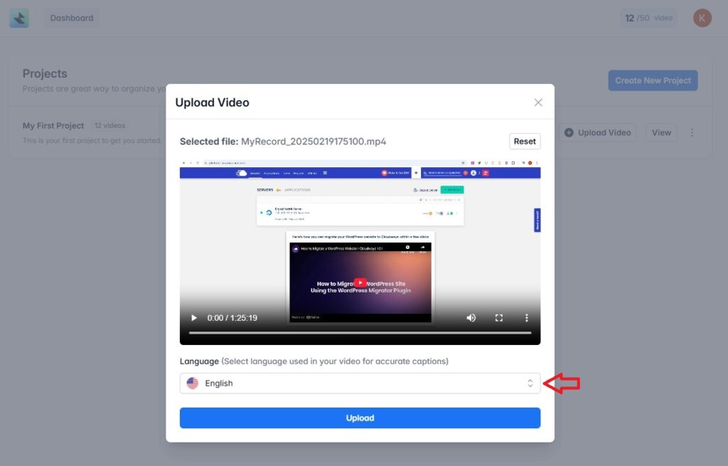RenderCut IO - Video Upload and Language Selection