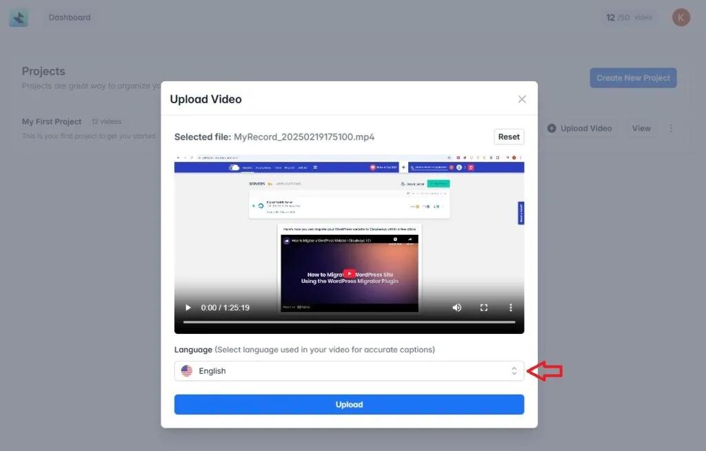 RenderCut IO - Video Upload and Language Selection