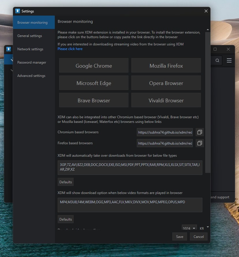 Xtreme Download Manager Browser Monitoring Settings