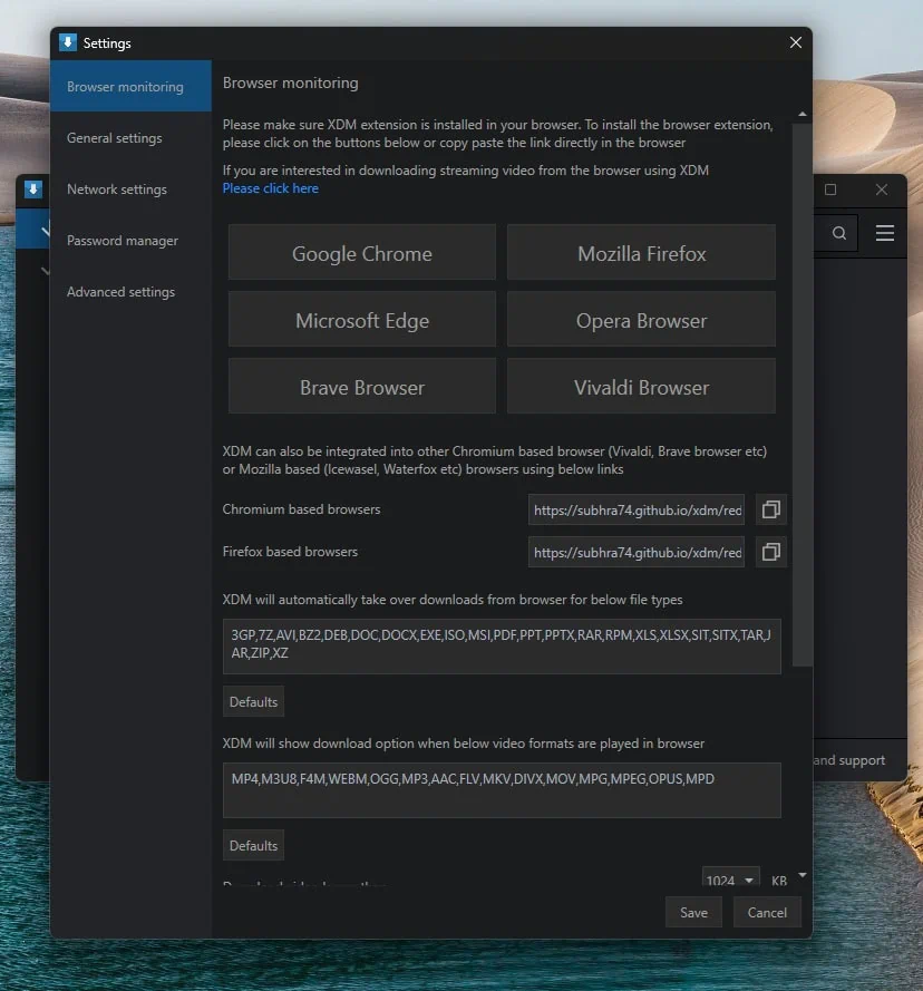 Xtreme Download Manager Browser Monitoring Settings