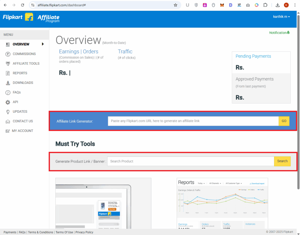Flipkart Affiliate Dashboard