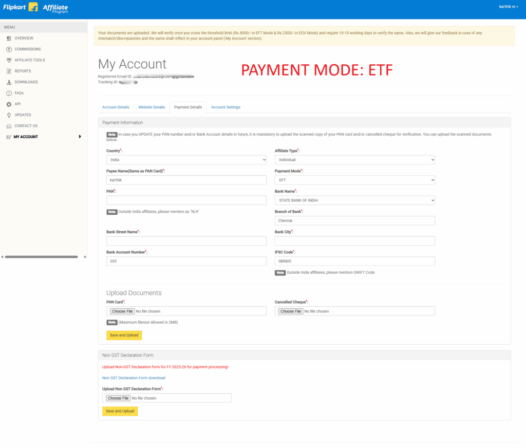Flipkart Affiliate - Payment Details ETF