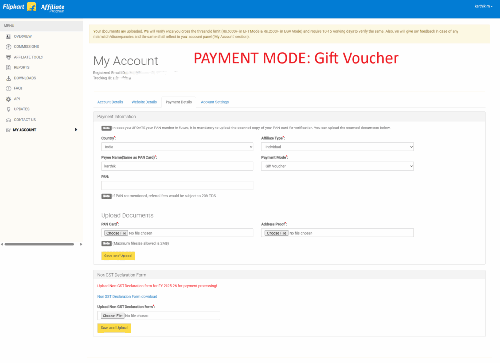 Flipkart Affiliate - Payment Details Gift Vouchers