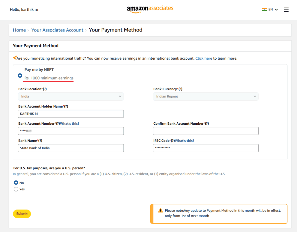 Amazon India Affiliate Program Payment Method