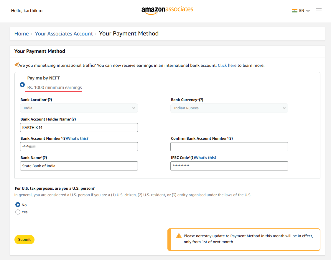 Amazon India Affiliate Program Payment Method