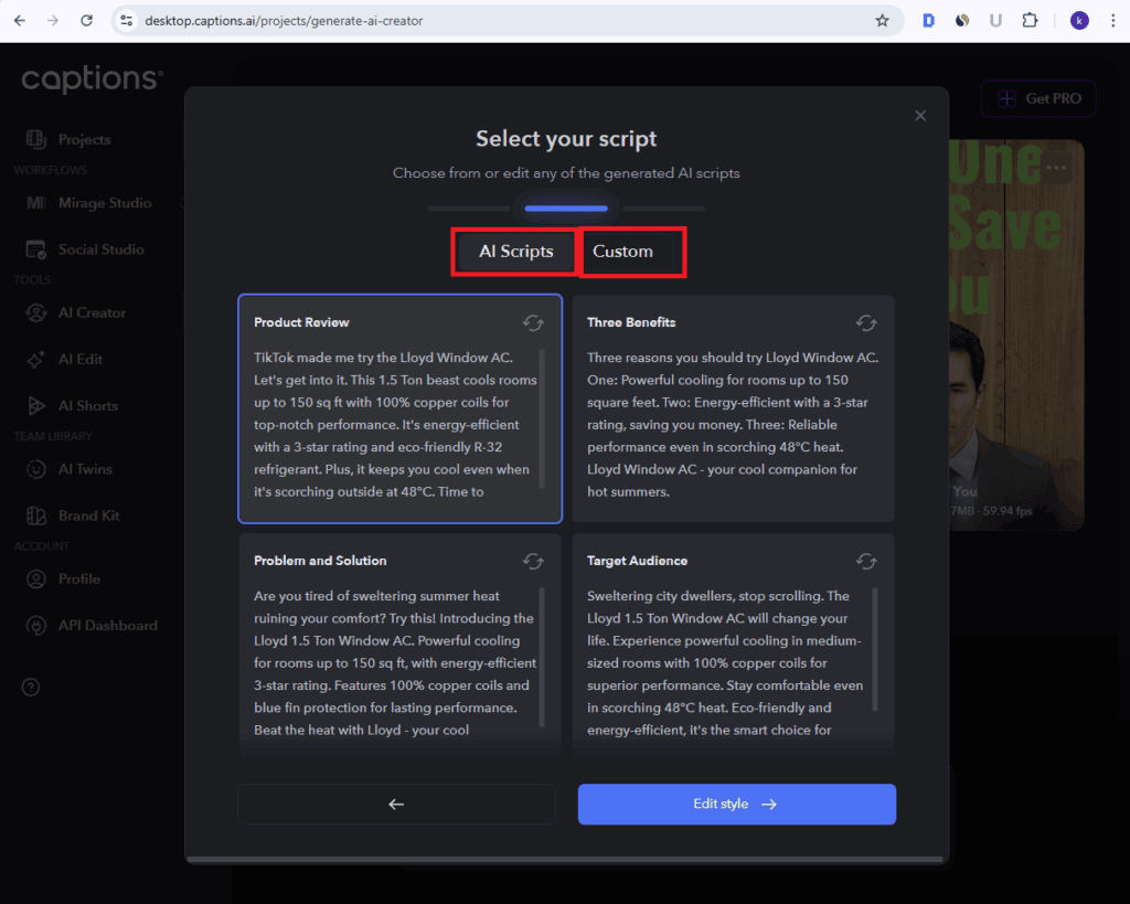Caption AI - Choosing Ad Scripts