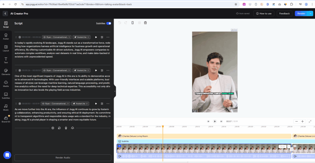 Jogg AI - Topic to Video - Editing the Avatar Video