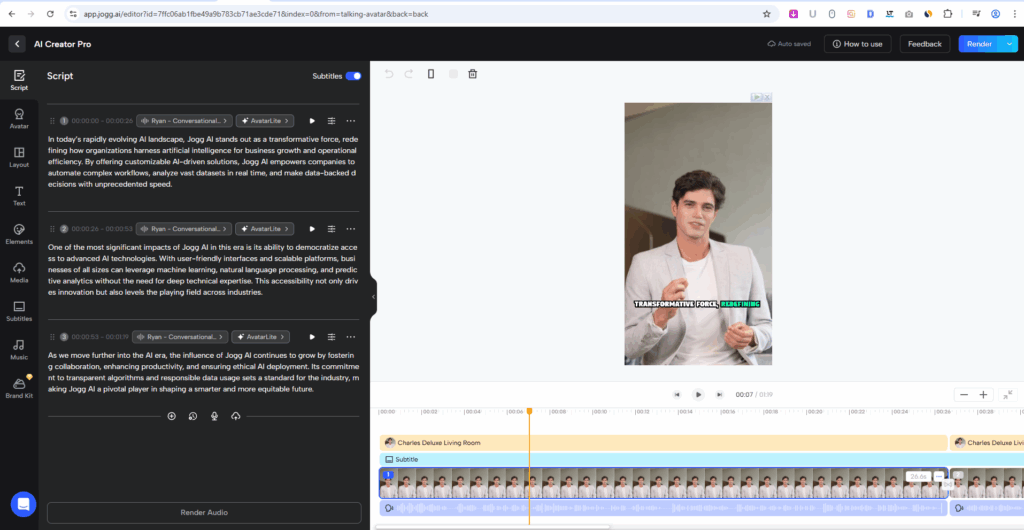 Jogg AI - Topic to Video - Editing the Avatar Video