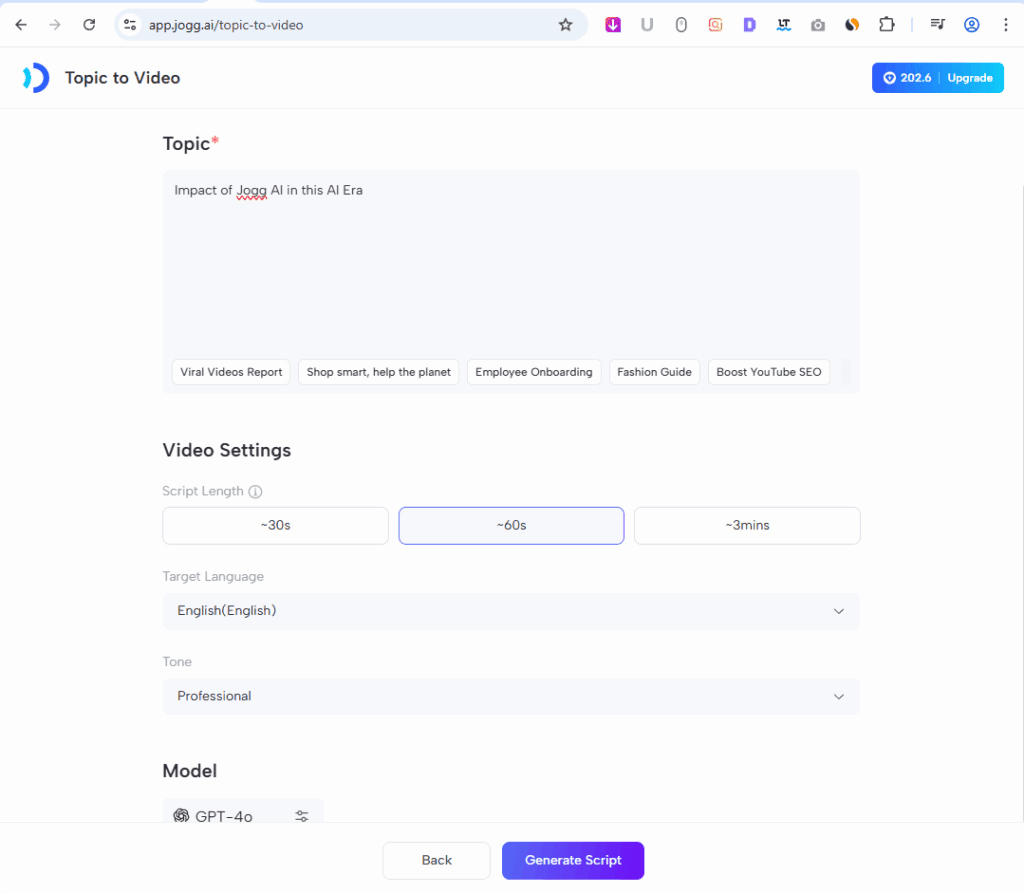 Jogg AI - Topic to Video - Generate Script