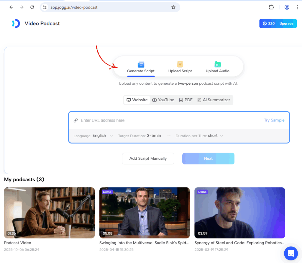 Jogg AI - Video Podcast Script Upload