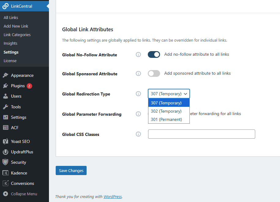 LinkCentral - Global Redirection Type (307,302 & 301)