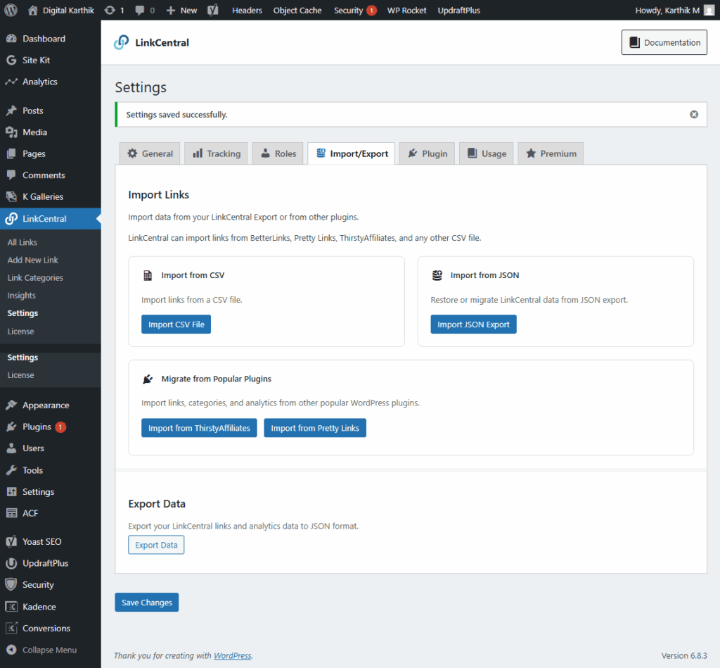 LinkCentral Settings - Import & Export