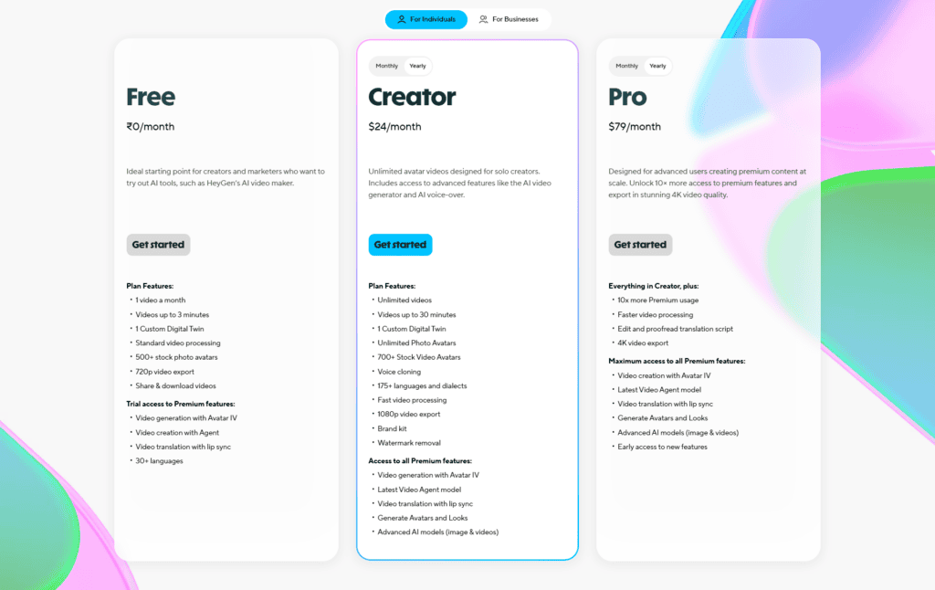 HeyGen Pricing - Individual Plan