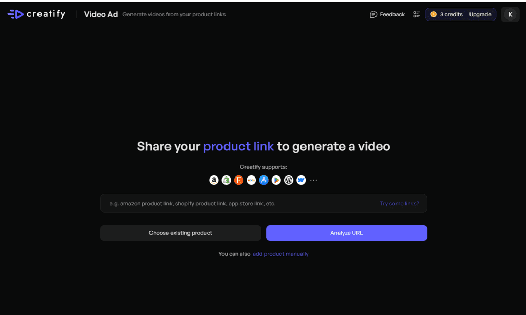 Creatify Video Ads - Step 1 - Product URL