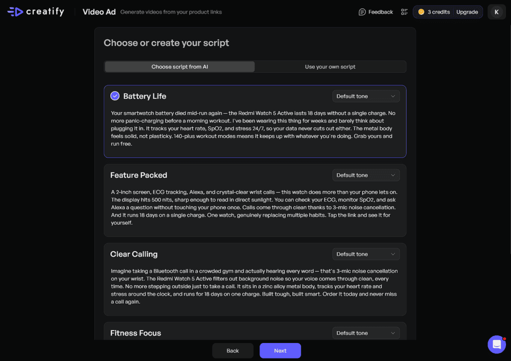 Creatify Video Ads - Step 4 - Script Generation