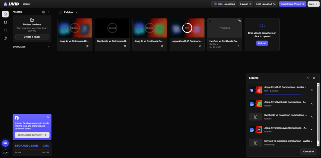 Livid Uploading Videos